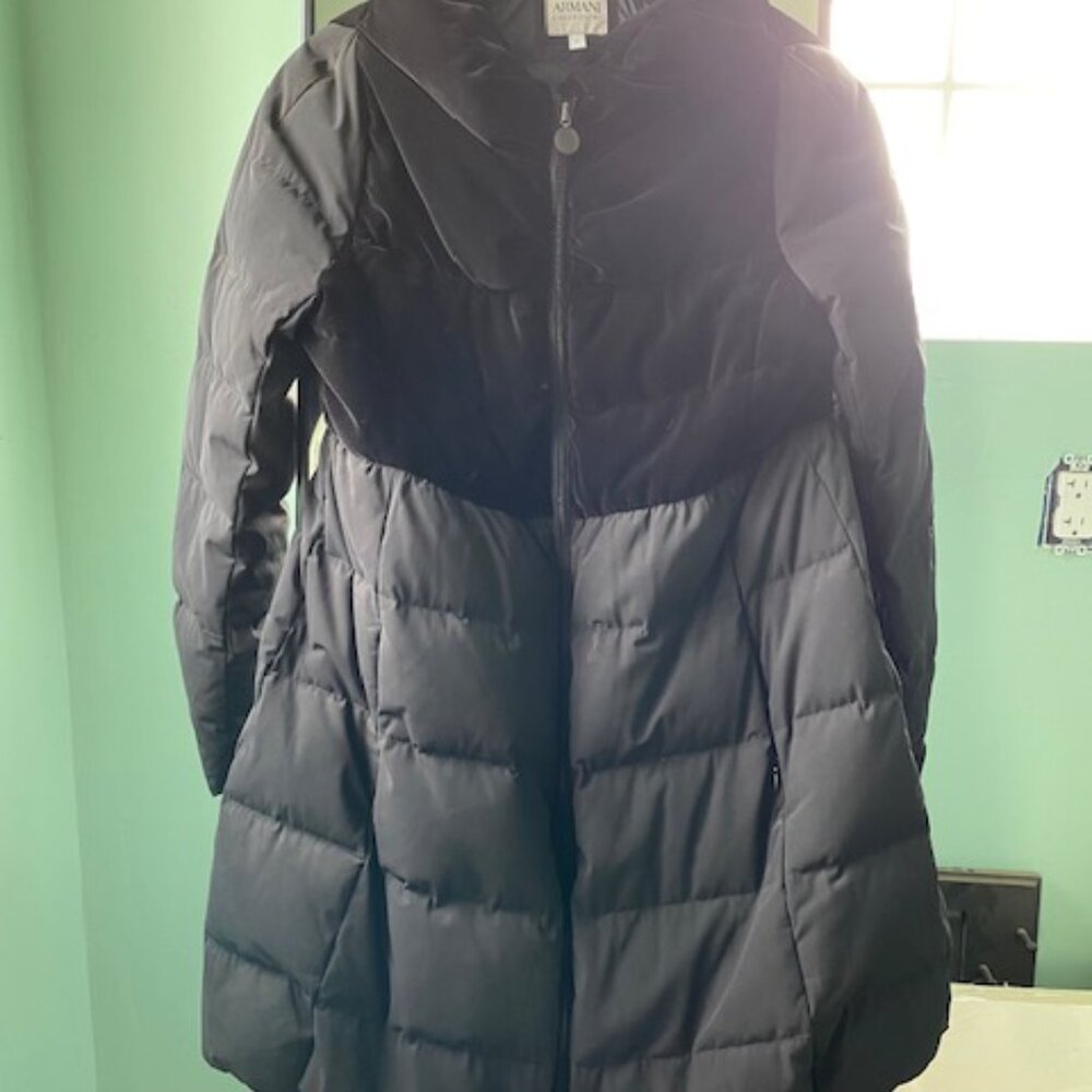 Armani black winter puffer coat with velvet detail